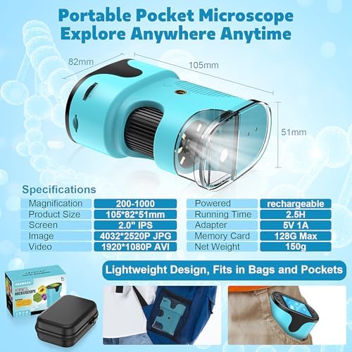 1000X Pocket Microscope For Kids - 4K 2.0" Screen Digital Mini Scope With Slides Kit Rechargeable Lab Handheld Portable Microscopes For Kids 4-12 Students Teens