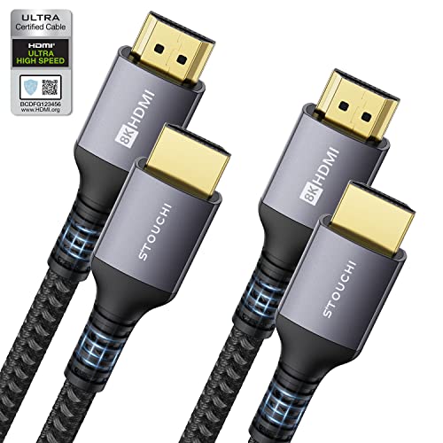 10K 8K HDMI Cables 2-Pack 6.6FT Stouchi (Certified) 48Gbps Ultra High Speed HDMI® Cable 8K 60Hz 4K 120Hz 144Hz HDCP 2.2&2.3 SBTM Dynamic HDR eARC Compatible with Apple TV 4K/Roku TV/PS5