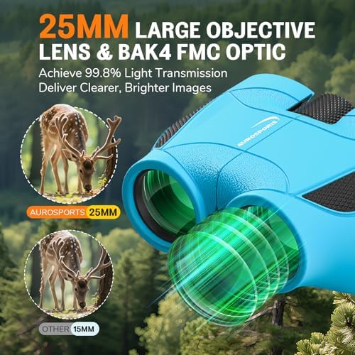 15x25 Kids Binoculars Aurosports Compact Shockproof Binoculars For Kids 3-12 High Resolution Binoculars For Hiking Camping Bird Watching Travel Hunting Perfect Birthday Presents Gifts (Blue)