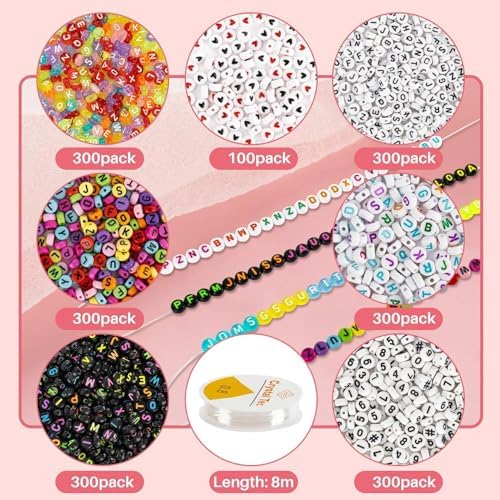 1900 Pcs 7 Colors Round Letter Beads For Bracelets - Sukh 4×7 Mm Alphabet Number Letter Beads Bulk With 1 Roll Elastic String For Jewelry Making DIY Bracelets Necklaces Key Chains