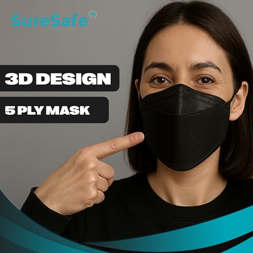 [20 Pack] SURESAFE 3D 5-PLY Contoured Fish Shape Mask For Adult Latex Free Non-Woven Disposable Black Face Mask Comfortable And Easy To Breathe