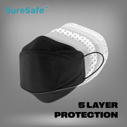 [20 Pack] SURESAFE 3D 5-PLY Contoured Fish Shape Mask For Adult Latex Free Non-Woven Disposable Black Face Mask Comfortable And Easy To Breathe