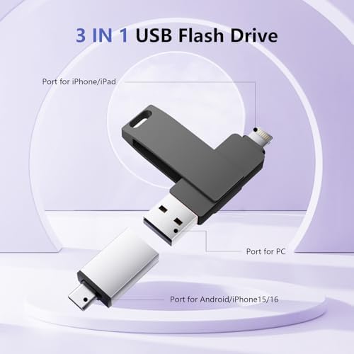 256GB Flash Drive For IPhone Photo Stick - 3 In 1 High Speed USB Stick USB Thumb Drive Photo Backup Stick Compatible For IOS/Android/PC And More Devices (Black)