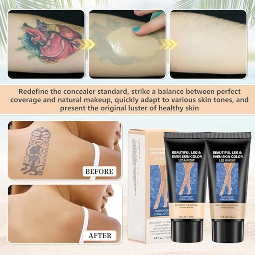 2pcs Body Coverage Perfector Waterproof Leg Makeup Tattoo Cover Up Cream All Over Complexion Perfect With Large Bevel Brush 48H Long Lasting Wear(Light And Neutral Colors)