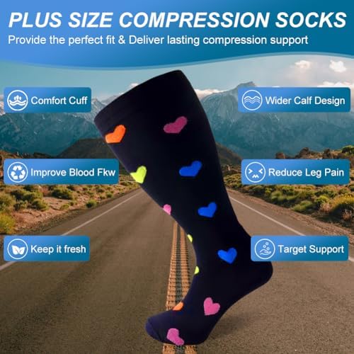 4 Pairs Plus Size Compression Socks For Women & Men 20-30 MmHg Wide Calf Extra Large Knee High Compression Stockings For Circulation Support (04-black-navy-purple-pink 3X-Large)