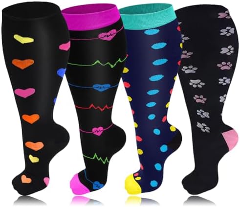 4 Pairs Plus Size Compression Socks for Women & Men 20-30 mmHg Wide Calf Extra Large Knee High Compression Stockings for Circulation Support (04-black-navy-purple-pink 3X-Large)