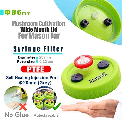 6Pcs Wide Mouth Liquid Culture Lid Food Grade Plastic Grain Spawn Cultivation Mason Jar Lid With 0.22um PTFE Syringe Filter &2pcs 20mm Self Healing Injection Ports For Mushroom Biomed Solutions…