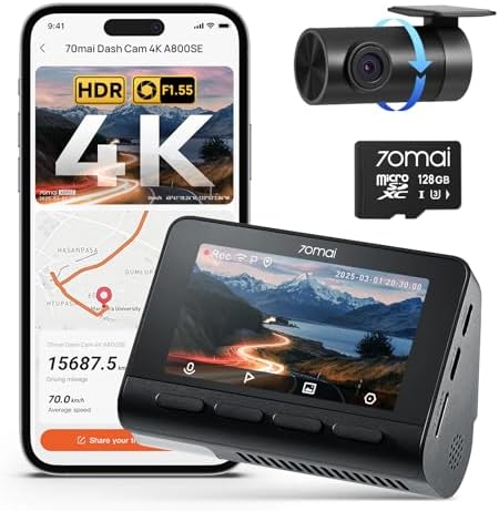 70mai 4K Dash Cam Front and Rear Built in Wi-Fi 6 & GPS Car Camera Super Night Vision ADAS 3'' IPS Screen 24H Parking Mode Time-Lapse Loop Recording with 128GB Card (A800SE)