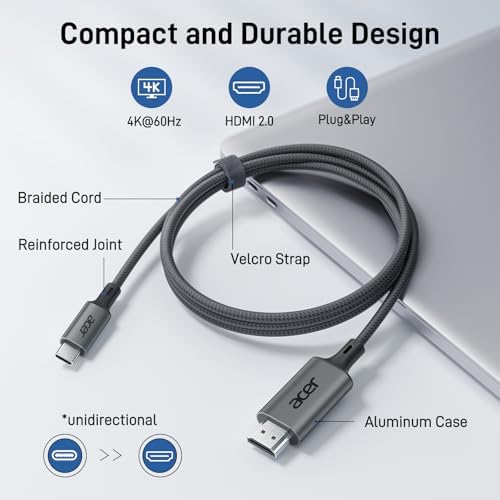 Acer USB C To HDMI Cable 4K 60Hz 6.6FT Crystal-Clear UHD USB Type C To HDMI Cable Thunderbolt 4 3 To HDMI Cord Compatible With IPhone 16 MacBook Pro/Air IPad Pro Surface Book 2 Galaxy S24