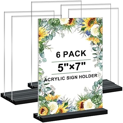 Acrylic Sign Holder 5x7 6-Pack Plastic Clear Vertical Double-Sided Menu Display Stand with Double-Sided Display Perfect for Restaurants Offices Exhibits