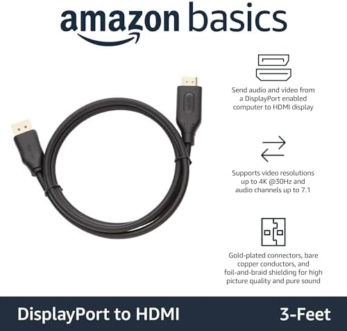Amazon Basics DisplayPort (Source) To HDMI (Display) Cable Uni-Directional 3 Foot Black