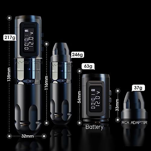 Ambition MARS-U Wireless Tattoo Machine With Adjustable Stroke - Rotary Cartridge Tattoo Machine Pen With 1800mAh Power Coreless Motor Digital LED Display For Professional Tattoo Artist Black