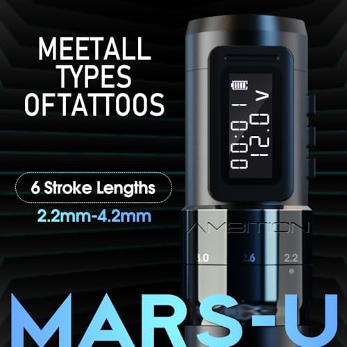 Ambition MARS-U Wireless Tattoo Machine With Adjustable Stroke - Rotary Cartridge Tattoo Machine Pen With 1800mAh Power Coreless Motor Digital LED Display For Professional Tattoo Artist Black