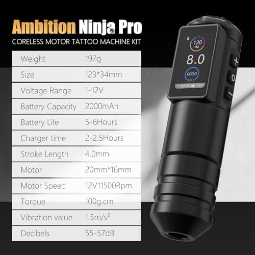 Ambition Ninja Pro Tattoo Machine With Intelligent Billing Function Coreless Motor Rotary Tattoo Pen & 2000 MAh Battery For Professionals And Beginners
