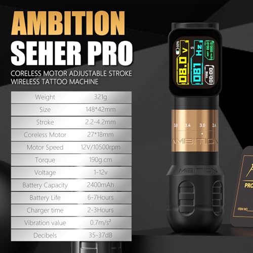 Ambition Seher Pro Tattoo Gun Wireless Tattoo Pen Machne With 2400mAh Large-display Billing Function Battery Adjustable Stroke Rotary Coreless Motor 42mm Grip Tattoo Supply For Professional Artists