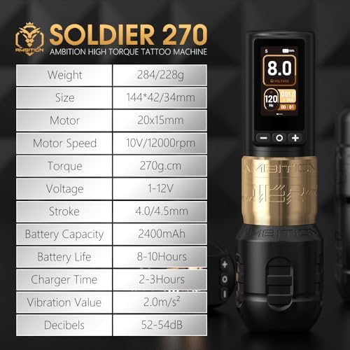 Ambition Soldier 270 Wireless Tattoo Machine 270 G.cm Torque Brushless Motor Cordless Tattoo Gun Rotary Tattoo Cartridge Pen With 2400mAh Touchscreen Battery Supply For Artists