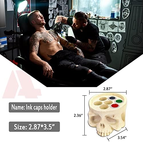 Anghie Tattoo Ink Holder Set - 1 Hard Skull Resin Cup Holder With 7 Holes And 100 Large #15 Ink Caps - Tattoo Artist Gift Supplies