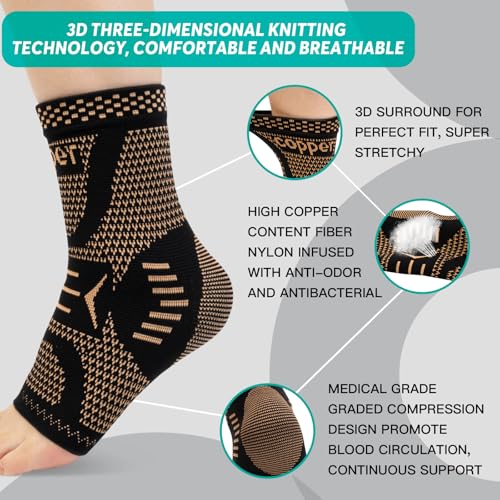 Ankle Brace For Plantar Fasciitis Relief Copper Ankle Brace For Women Men Ankle Sleeve Compression Support For Sprain Ankle Protector Sleeve Achilles Tendonitis Sports Running Copper Black M