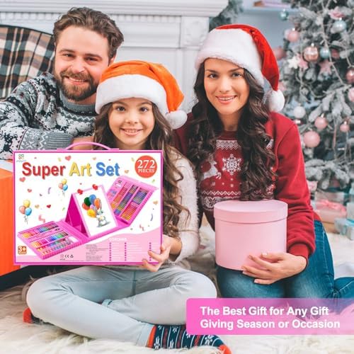 Art Kit 272 Pack Art Set Drawing Kit For Kids Girls Boys Deluxe Gift Art Supplies With Trifold Easel Origami Paper Coloring Pad Sketch Pad Pastels Crayons Pencils Watercolors (Pink)