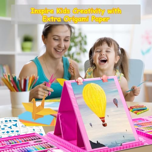 Art Kit 272 Pack Art Set Drawing Kit For Kids Girls Boys Deluxe Gift Art Supplies With Trifold Easel Origami Paper Coloring Pad Sketch Pad Pastels Crayons Pencils Watercolors (Pink)