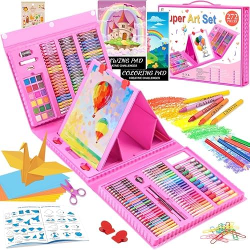 Art Kit 272 Pack Art Set Drawing Kit for Kids Girls Boys Deluxe Gift Art Supplies with Trifold Easel Origami Paper Coloring Pad Sketch Pad Pastels Crayons Pencils Watercolors (Pink)