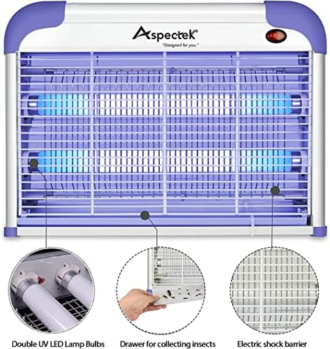 ASPECTEK 20W Indoor Bug Zapper Powerful UV Bugs Lamp Attract Insects And 2800V Grid Kills Flying Insects Includes 2 Replacement Bug Lights (20W+2Bulbs Purple)