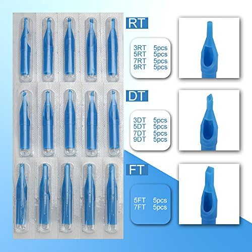 ATOMUS 50pcs Mixed Tattoo Needle Tips Disposable Plastic Assorted Tips 3RT 5RT 7RT 9RT 3DT 5DT 7DT 9DT 5FT 7FT Tattoo Round Flat/Magnum Diamond Tips