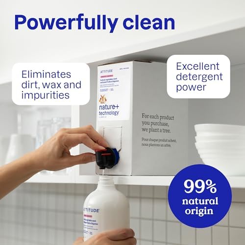 ATTITUDE Fruit & Vegetable Wash Food-Safe Produce Wash Removes Dirt & Residue Vegan & Plant-Based Ingredients Unscented 800 ML