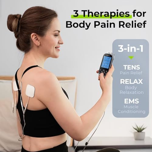 AUVON 3-in-1 TENS Machine TENS EMS Muscle Stimulator With 40 Intensities For Gradual Shoulder Sciatica Back Pain Relief 24 Modes Rechargeable TENS Unit Massager With 12 TENS Pads