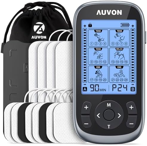 AUVON 3-in-1 TENS Machine TENS EMS Muscle Stimulator with 40 Intensities for Gradual Shoulder Sciatica Back Pain Relief 24 Modes Rechargeable TENS Unit Massager with 12 TENS Pads