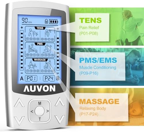 AUVON Dual Channel TENS EMS Unit 24 Modes Muscle Stimulator For Pain Relief Rechargeable TENS Machine Massager With 12 Pads ABS Pads Holder USB Cable And Dust-Proof Storage Bag