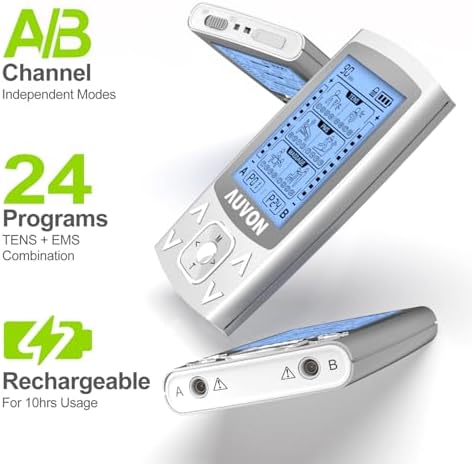 AUVON Dual Channel TENS EMS Unit 24 Modes Muscle Stimulator For Pain Relief Rechargeable TENS Machine Massager With 12 Pads ABS Pads Holder USB Cable And Dust-Proof Storage Bag