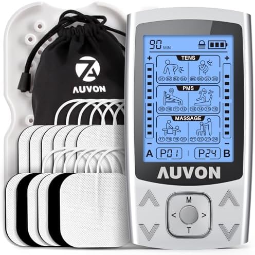 AUVON Dual Channel TENS EMS Unit 24 Modes Muscle Stimulator for Pain Relief Rechargeable TENS Machine Massager with 12 Pads ABS Pads Holder USB Cable and Dust-Proof Storage Bag