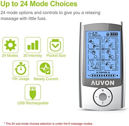AUVON Rechargeable TENS Machine 24 Modes 4th Gen TENS Unit Muscle Stimulator With 8pcs 2"x2" Premium Electrode Pads For Pain Relief Back Pain Neck Pain Muscle Pain