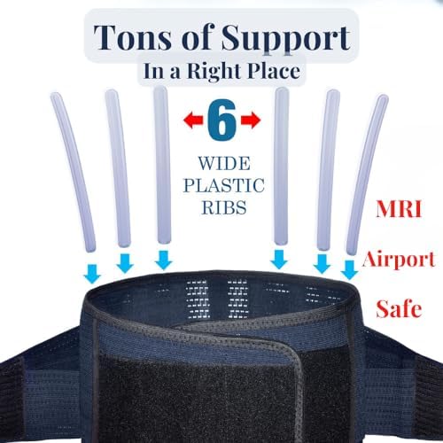 AVESTON Back Support Lower Back Brace For Back Pain Relief: Thin Breathable Rigid 6 Ribs Adjustable Lumbar Support Belt For Men/Women Keeps Spine Straight And Safe – Belly Size 38-45" Large
