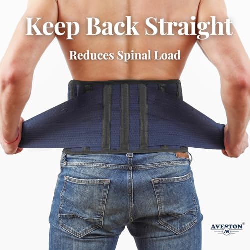AVESTON Back Support Lower Back Brace For Back Pain Relief: Thin Breathable Rigid 6 Ribs Adjustable Lumbar Support Belt For Men/Women Keeps Spine Straight And Safe – Belly Size 38-45" Large
