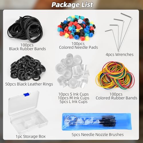 BAMTTOO Tattoo Rubber Bands Tattoo Rubber Grommets Set Needle Tip Cleaning Brush Tattoo Wrenches Tattoo Ink Cups Tattoo Coil Machine Parts Supplies With Storage Box