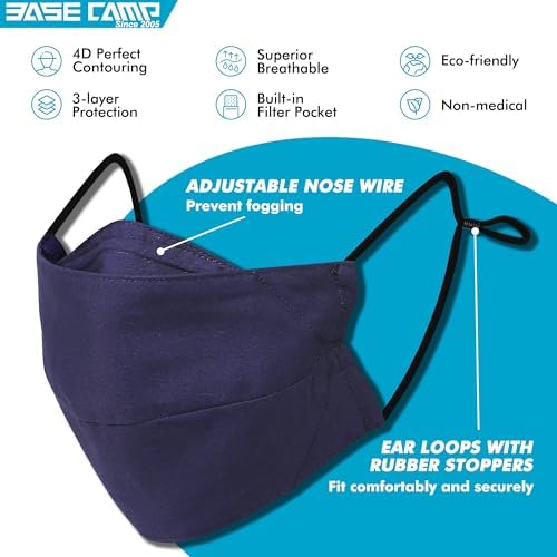 BASE CAMP Reusable Cloth Face Masks 100% Cotton Washable Adjustable Breathable Fabric Mask With Filter Pocket