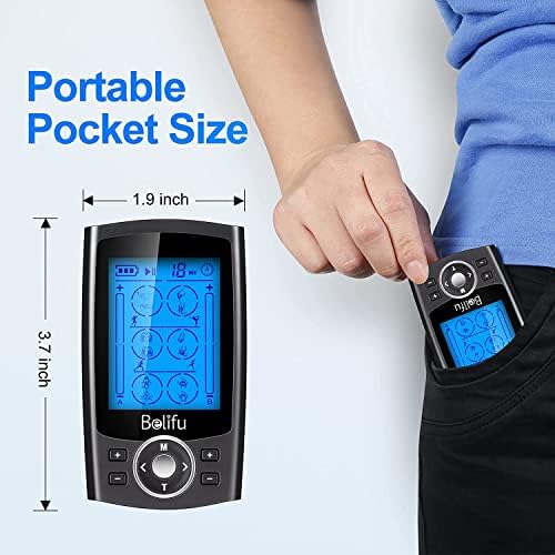 Belifu Dual Channel TENS EMS Unit 24 Modes Muscle Stimulator For Pain Relief Therapy Electronic Pulse Massager Muscle Massager With 10 Pads Dust-Proof Drawstring Storage Bag Fastening Cable Ties