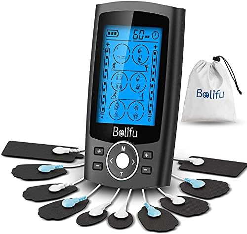 Belifu Dual Channel TENS EMS Unit 24 Modes Muscle Stimulator for Pain Relief Therapy Electronic Pulse Massager Muscle Massager with 10 Pads Dust-Proof Drawstring Storage Bag Fastening Cable Ties