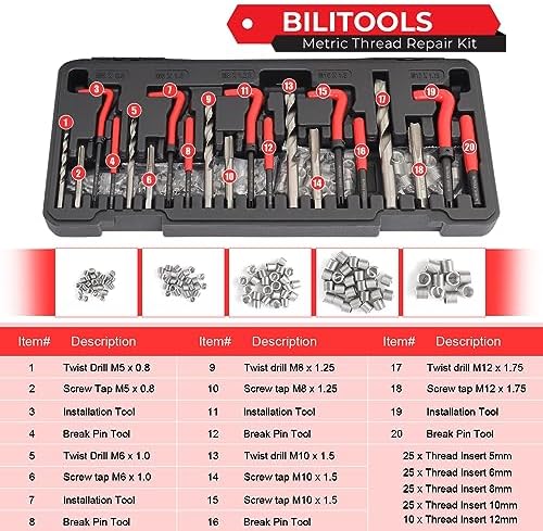 BILITOOLS Helicoil Thread Repair Kit Metric 131-Piece HSS Drill Heli Coil Repair Kit M5 M6 M8 M10 M12