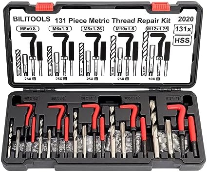 BILITOOLS Helicoil Thread Repair Kit Metric 131-Piece HSS Drill Heli Coil Repair Kit M5 M6 M8 M10 M12