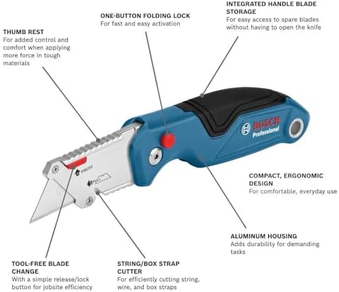 BOSCH H11-11100-1 Folding Utility Knife Compact Portable And Durable With Integrated Blade Storage Thumb Rest And 3 Included Blades