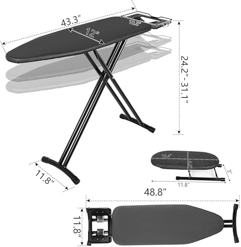 BQKOZFIN Folding Ironing Board With Steam Iron Rest 43 '' L X 12 '' W Adjustable Height Ironing Stand Easy Storage Space Saving Black