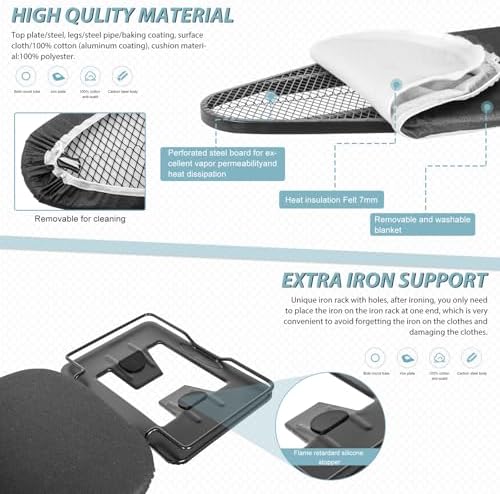 BQKOZFIN Folding Ironing Board With Steam Iron Rest 43 '' L X 12 '' W Adjustable Height Ironing Stand Easy Storage Space Saving Black