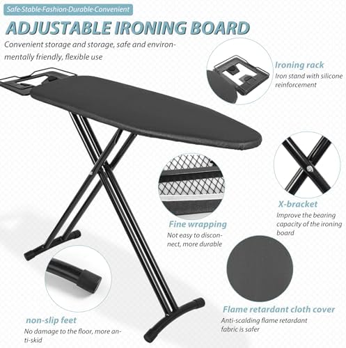 BQKOZFIN Folding Ironing Board With Steam Iron Rest 43 '' L X 12 '' W Adjustable Height Ironing Stand Easy Storage Space Saving Black