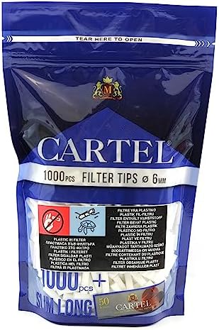 Cartel Slim Cotton Filter Tips 6mm x 22mm – 1000+ Filters with Resealable Bag – Includes 70x36mm Rolling Paper – Eco-Friendly Long Filter Tips – Eu Made