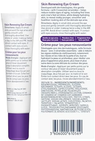 CeraVe Skin Renewing Eye Cream Under Eye Cream With Caffeine Peptides & Hyaluronic Acid Reduce Appearance Of Fine Lines. Fragrance-Free & Ophthalmologist Tested 15 ML