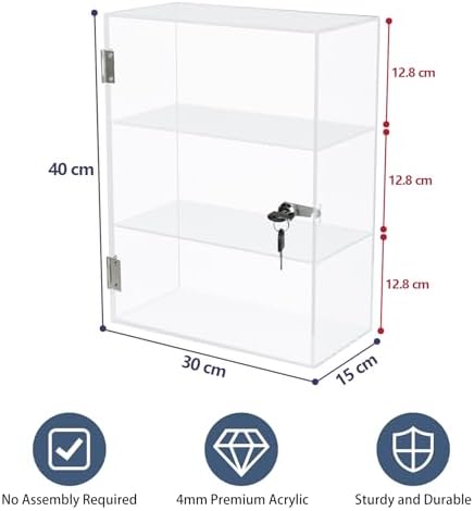 Choowin Acrylic Display Case With Lock Key Countertop Display Case With Shelves Locking Display Case For Collectibles Clear Showcase Retail Display Cabinet Safe Storage Fixed 3 Shelf 30x15x40 Cm