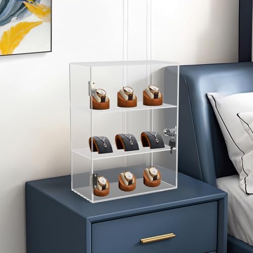 Choowin Acrylic Display Case With Lock Key Countertop Display Case With Shelves Locking Display Case For Collectibles Clear Showcase Retail Display Cabinet Safe Storage Fixed 3 Shelf 30x15x40 Cm